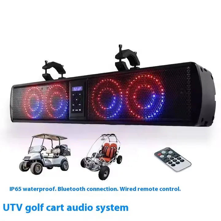 Long plastic Bluetooth audio speaker belt for mounting on a golf cart or ATV.