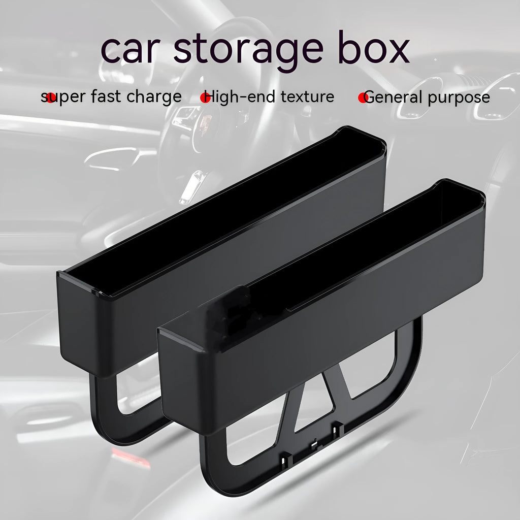 Black plastic car seat gap storage box organiser shown between vehicle front seats.
