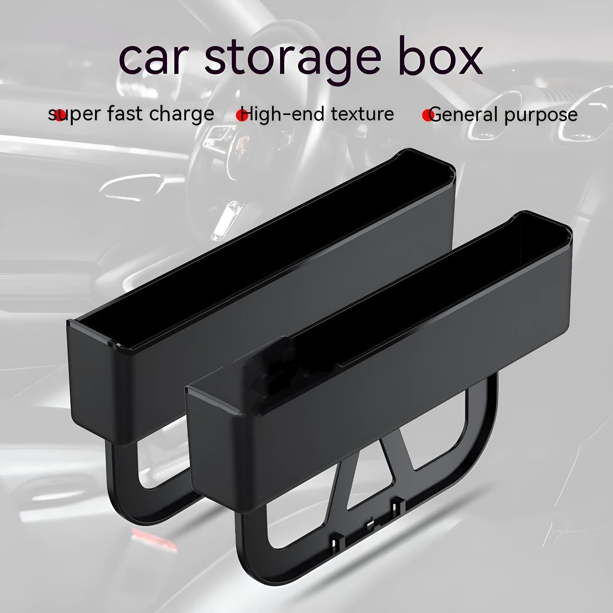 Black plastic car seat gap storage box organiser shown between vehicle front seats.