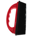 Red pet hair removal brush with rectangular rubber bristle head for grooming and carpet cleaning