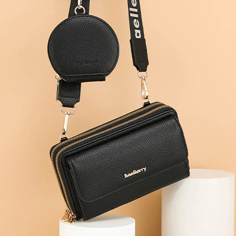 2pcs lychee texture PU crossbody phone bag and coin purse set, 19cm square bag with letter print, zip fastening and front pocket