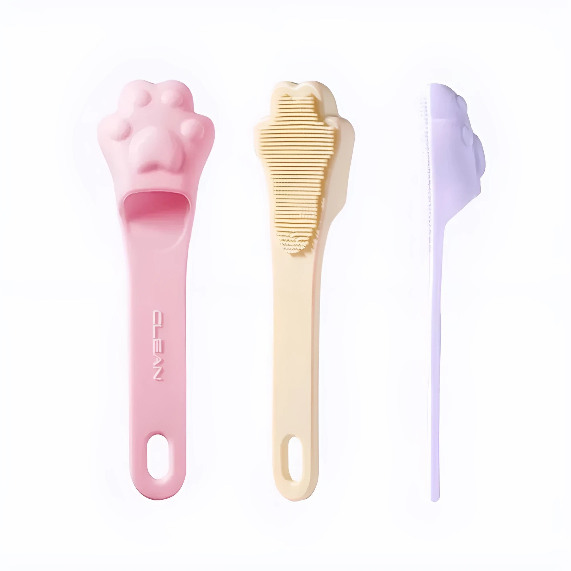 Silicone finger cover toothbrush for pet dental cleaning in pink, purple, and yellow colours.