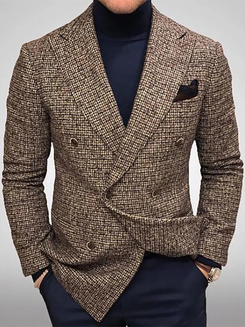 Men's loose casual plaid jacket in gray with side pockets, knitted polyester fabric, slim fit