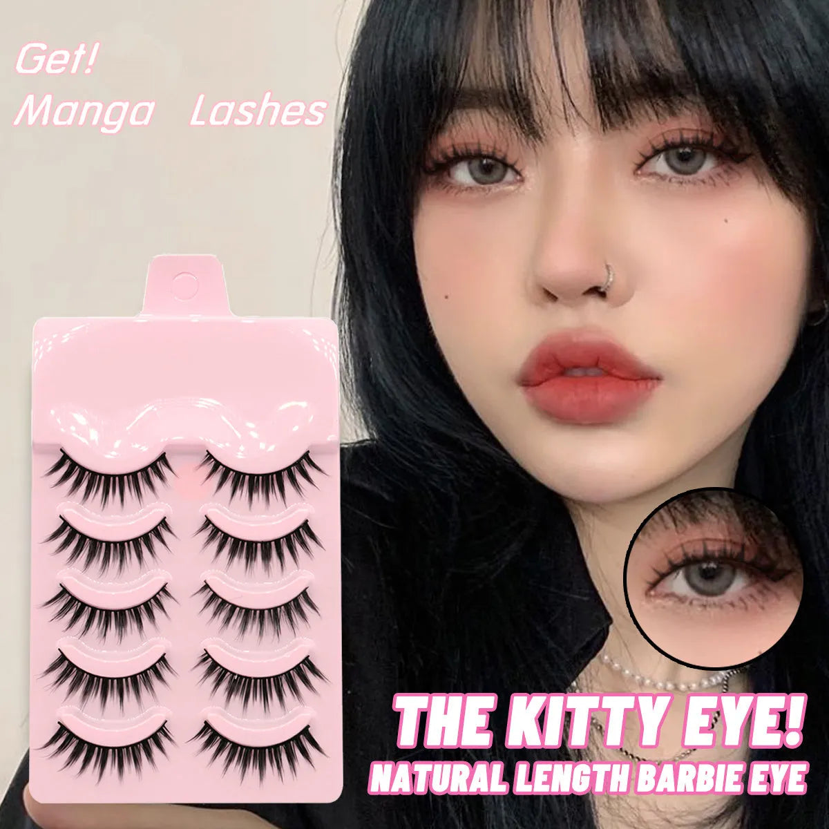 Set of manga false eyelashes showing three styles: 007, 008, and 009, with black plastic terrier.