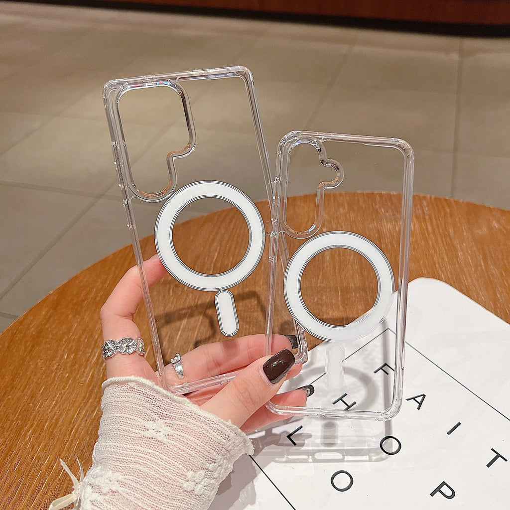 Transparent magnetic silicone phone case for Samsung Galaxy smartphones showing clear design and magnetic features