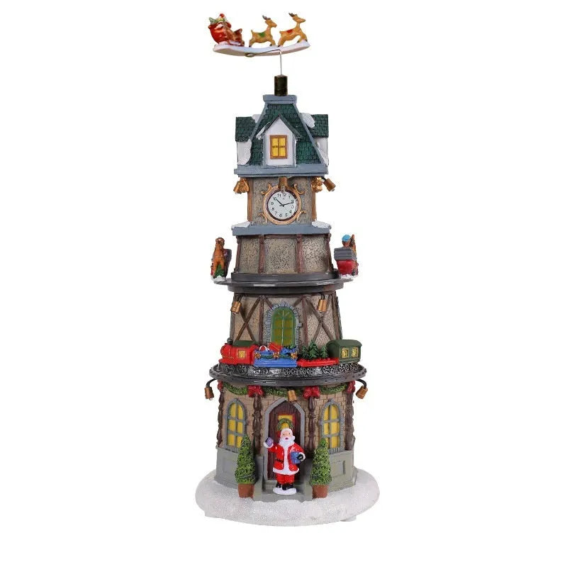 Christmas resin rotating music box decoration, bell tower design, 32cm high, battery operated ornament