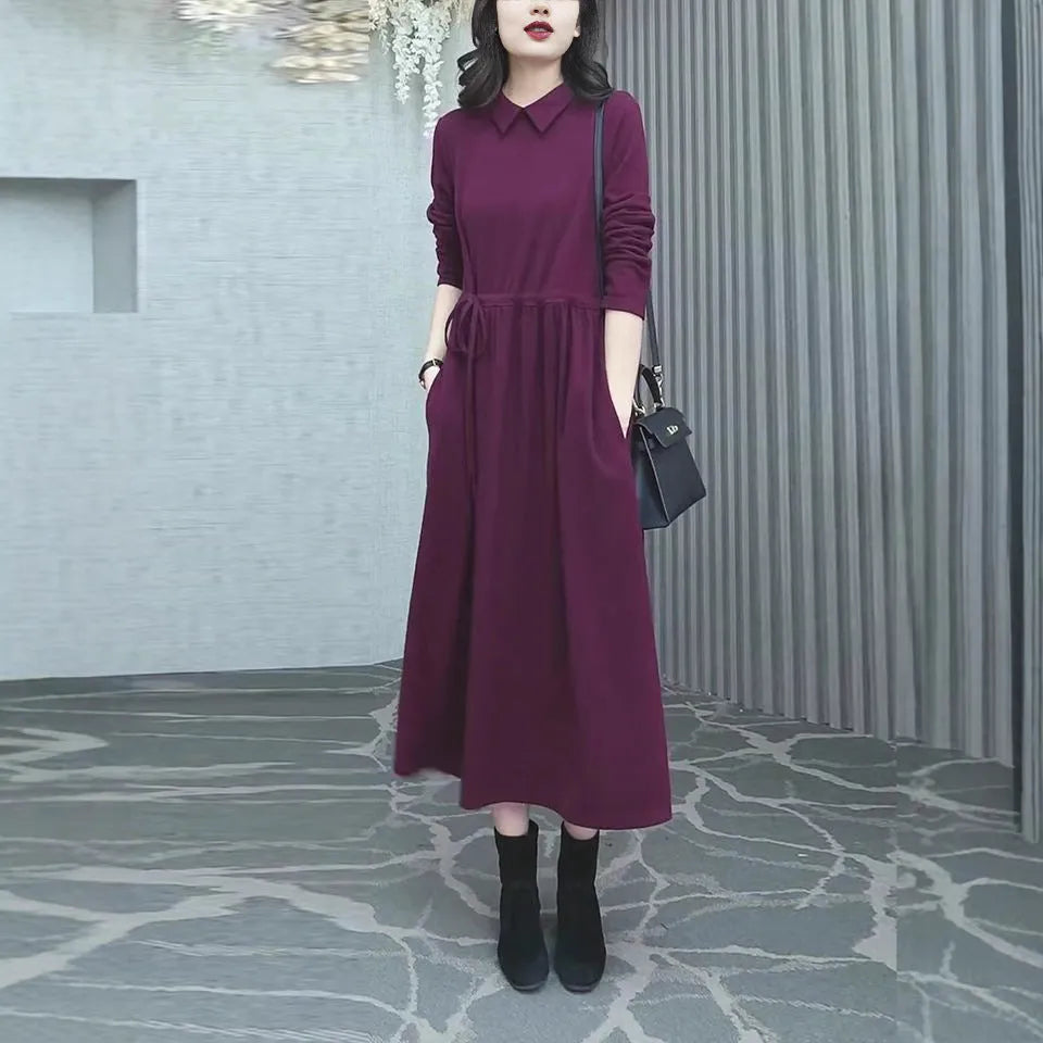Purplish red plus size winter dress with extra long sleeves for women
