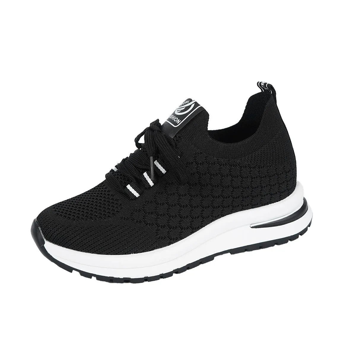Women's black lace-up mesh sneakers with a flat rubber sole and round toe on a white background.