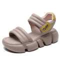 Open toe wedge sandals with non-slip rubber sole, microfiber upper, and Velcro strap in beige
