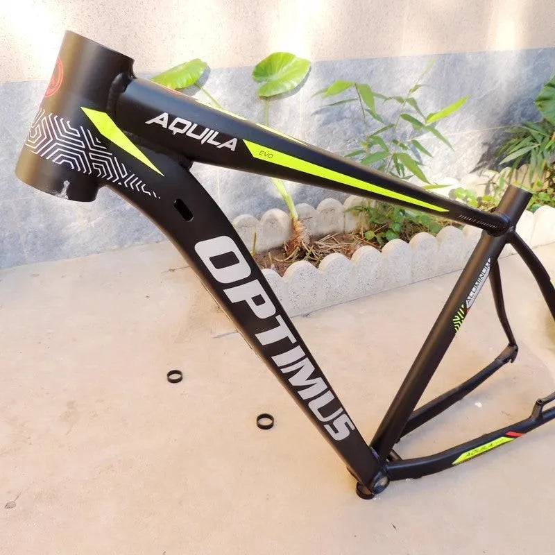 Black green aluminium mountain bike frame for 29-inch wheels with internal cable routing