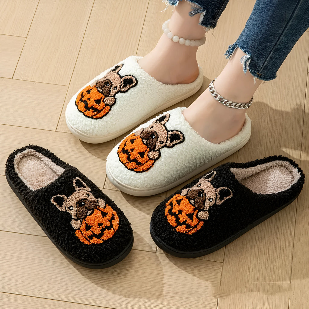 Black and white Halloween slippers with pumpkin pattern, plush upper and TPR sole