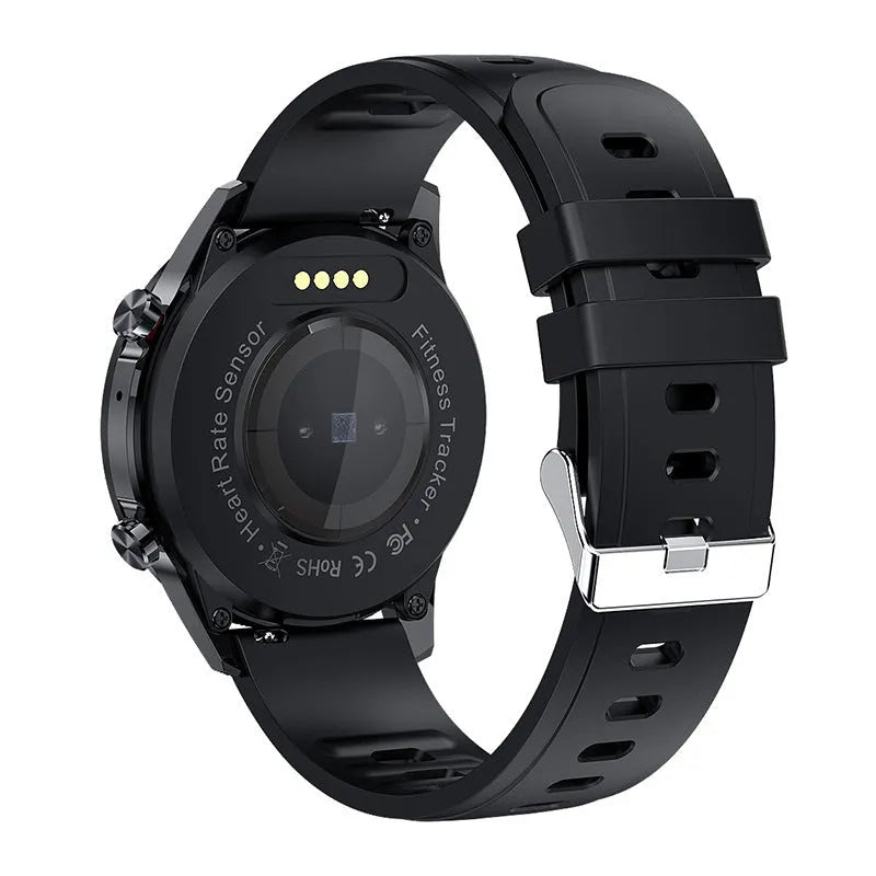 Silver black alloy Bluetooth smart watch with a black wrist strap on a wrist.