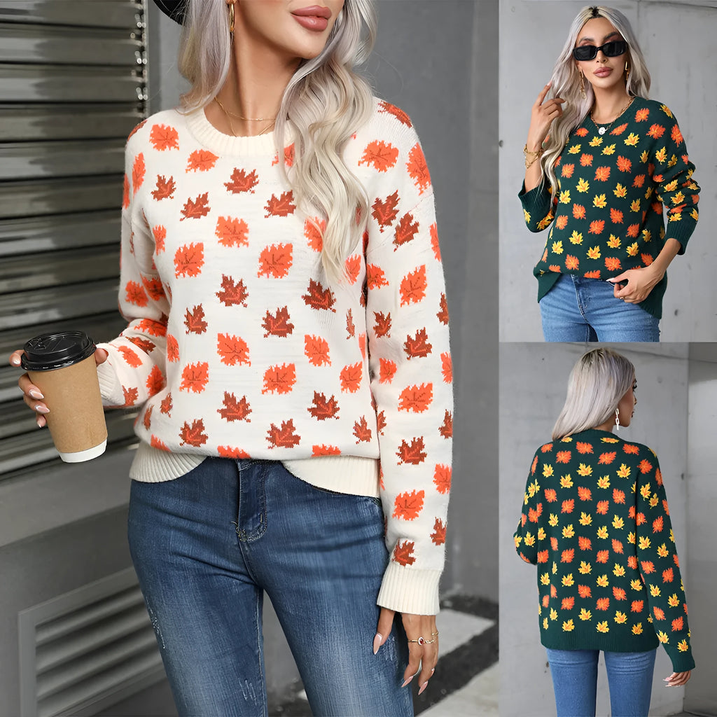 Beige and dark green loose-fit Christmas jumper with round neck and contrasting colour design