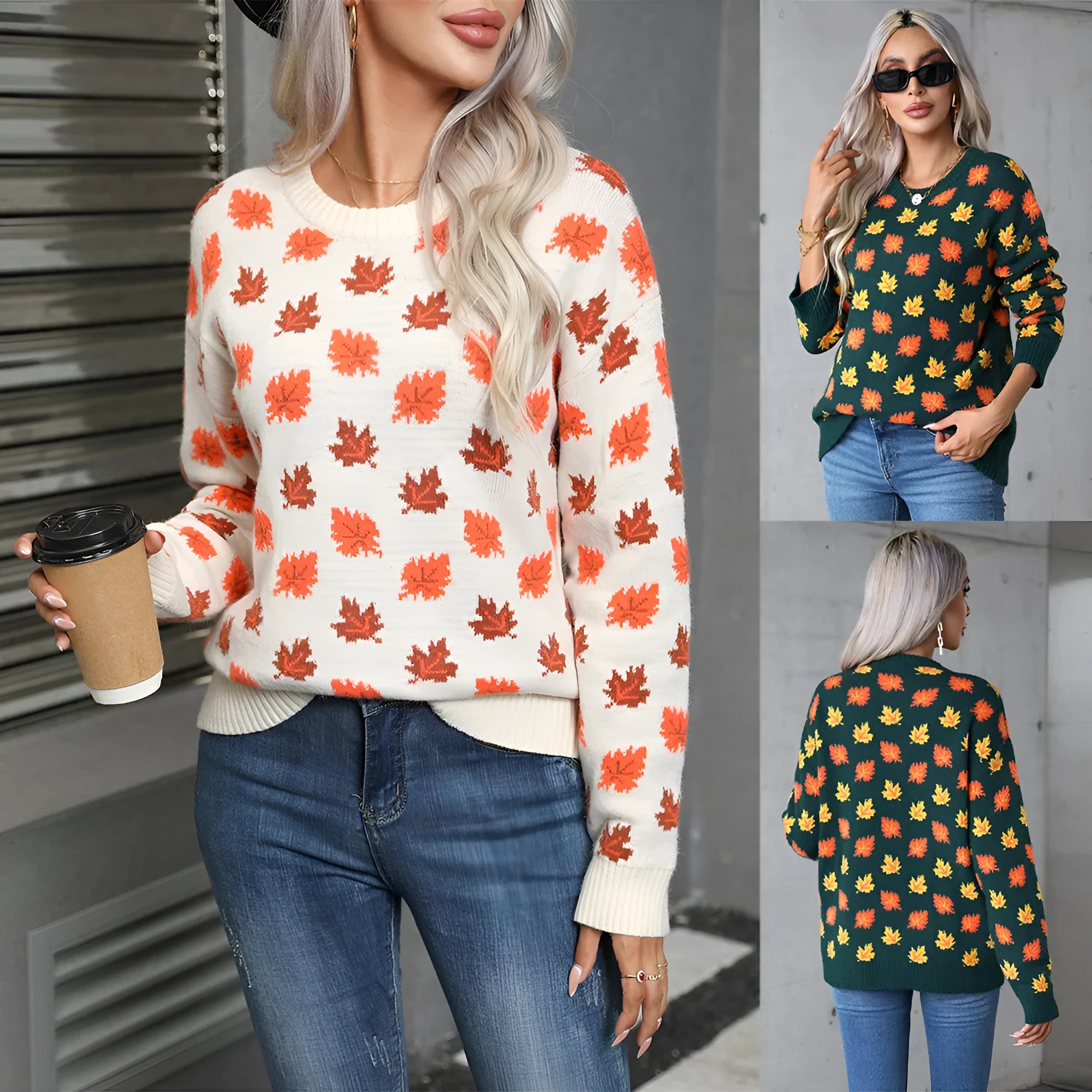 Beige and dark green loose-fit Christmas jumper with round neck and contrasting colour design