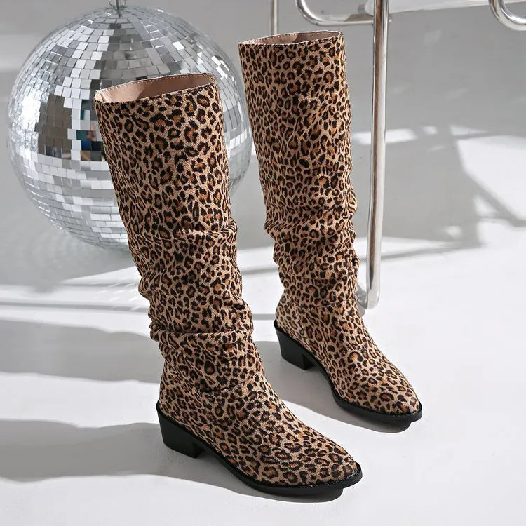 Brown leopard print women's boots with square toe and chunky block heels