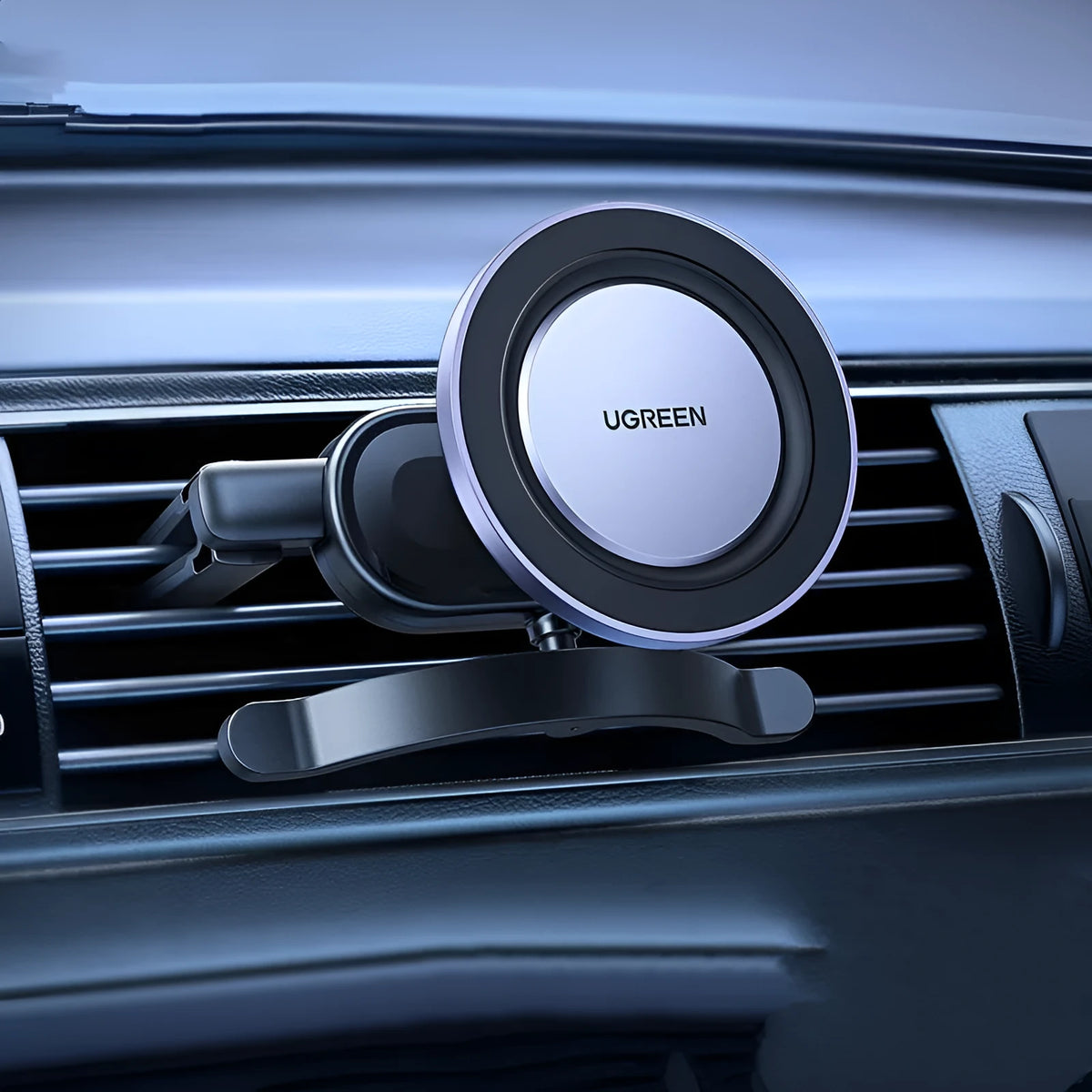 Black magnetic suction phone holder for car air outlet with N52 neodymium magnet and 360-degree rotation, 67g.