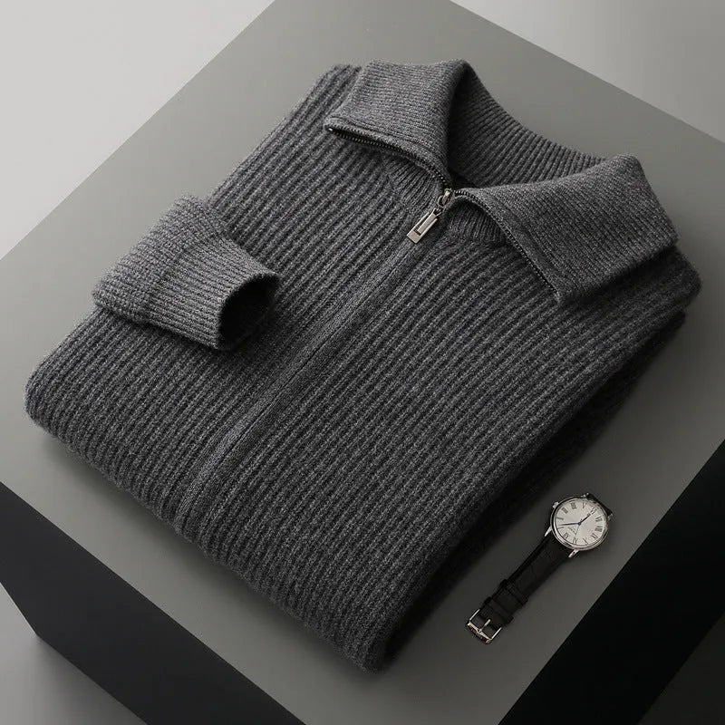 Pure wool zipper cardigan for men in dark gray, long sleeves, lapel collar, front zipper