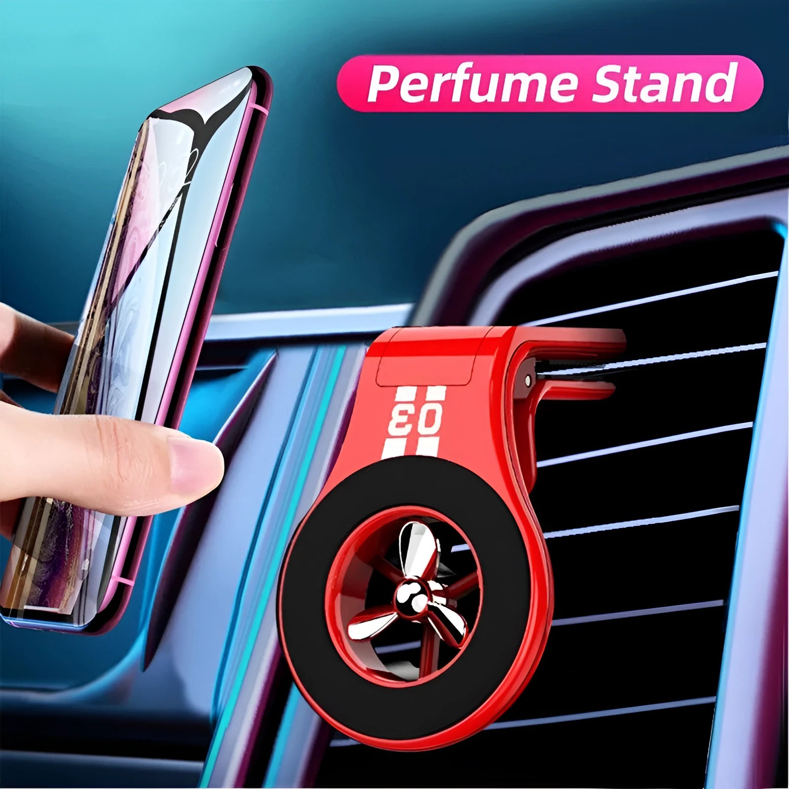 Magnetic car phone holder with fragrance diffuser clipped to car air vent