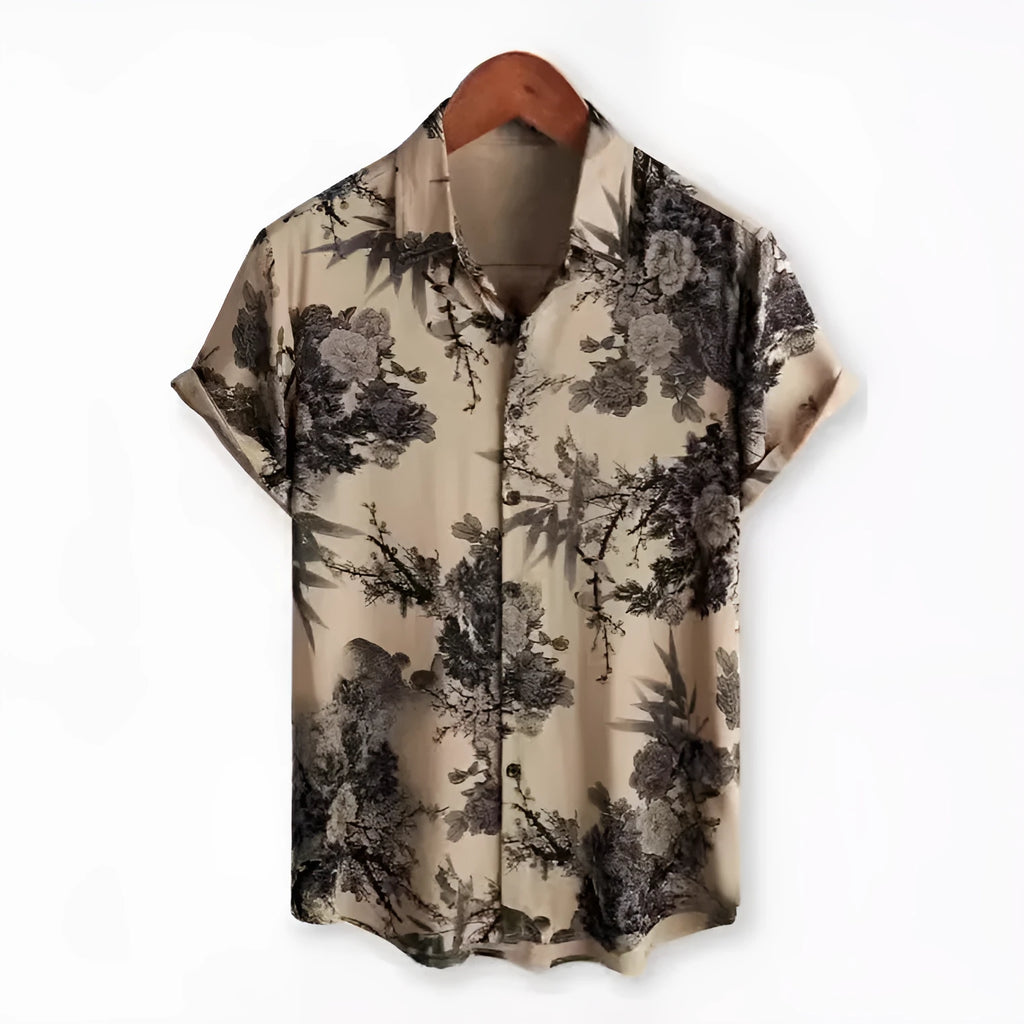Hawaiian print short sleeve cardigan shirt with floral digital pattern on elastic polyester fabric