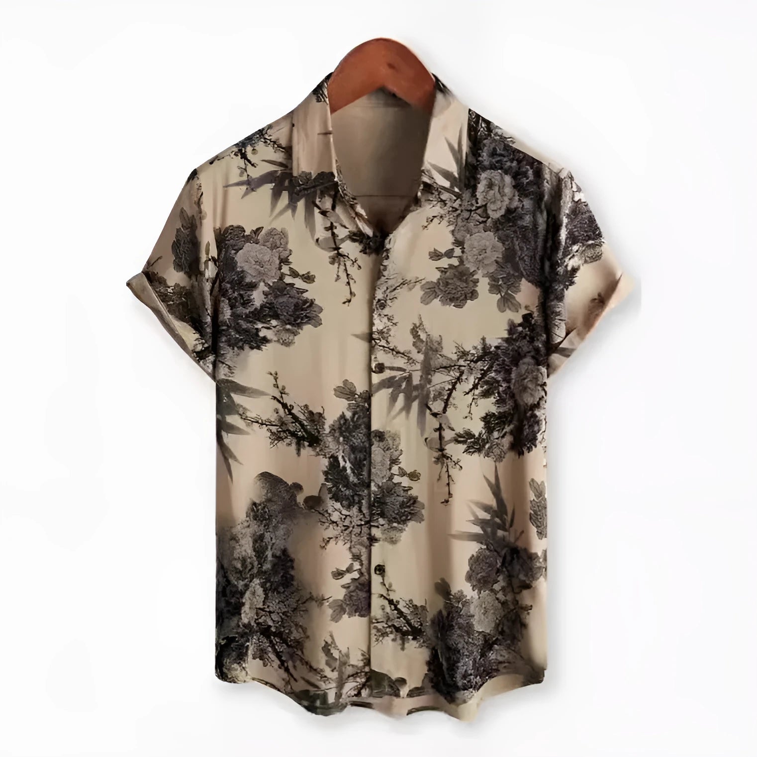 Hawaiian print short sleeve cardigan shirt with floral digital pattern on elastic polyester fabric