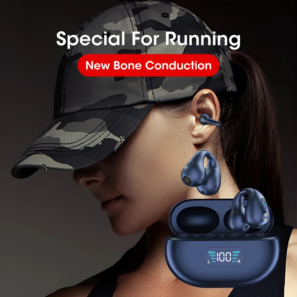 Clip-on bone conduction Bluetooth wireless headset in black, white, and khaki colour options.