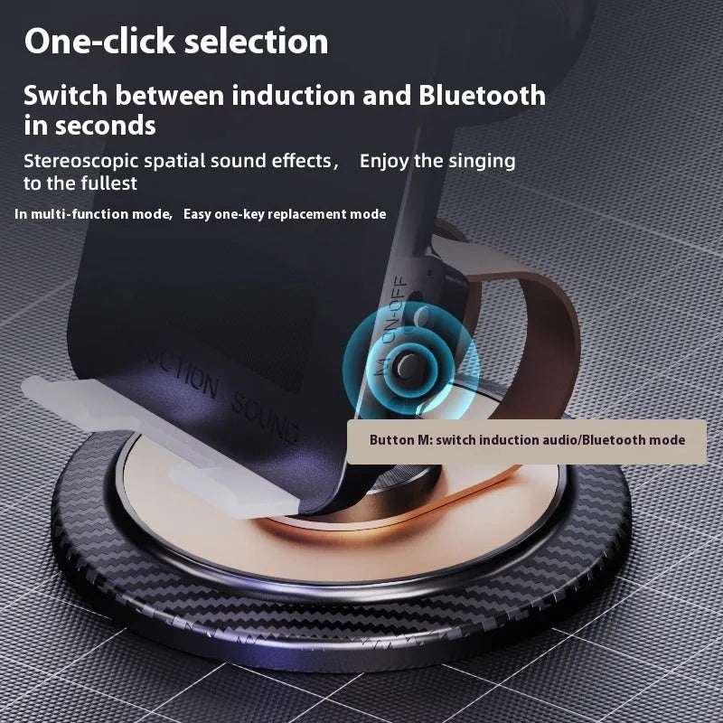 Black Gold folding Bluetooth mobile phone stand with wireless charger pad on a desk