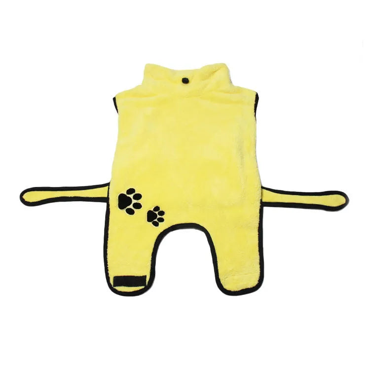 Yellow coral fleece embroidered pet pajamas worn by a small dog, soft absorbent fabric bathrobe style