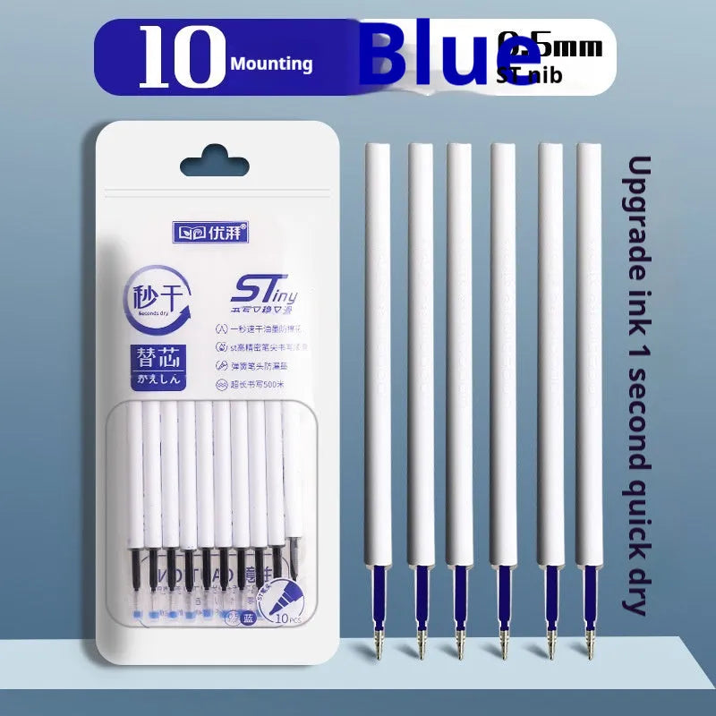 Pack of ten quick-dry gel pen refills for bullet pens in black, blue, red, and ink blue.