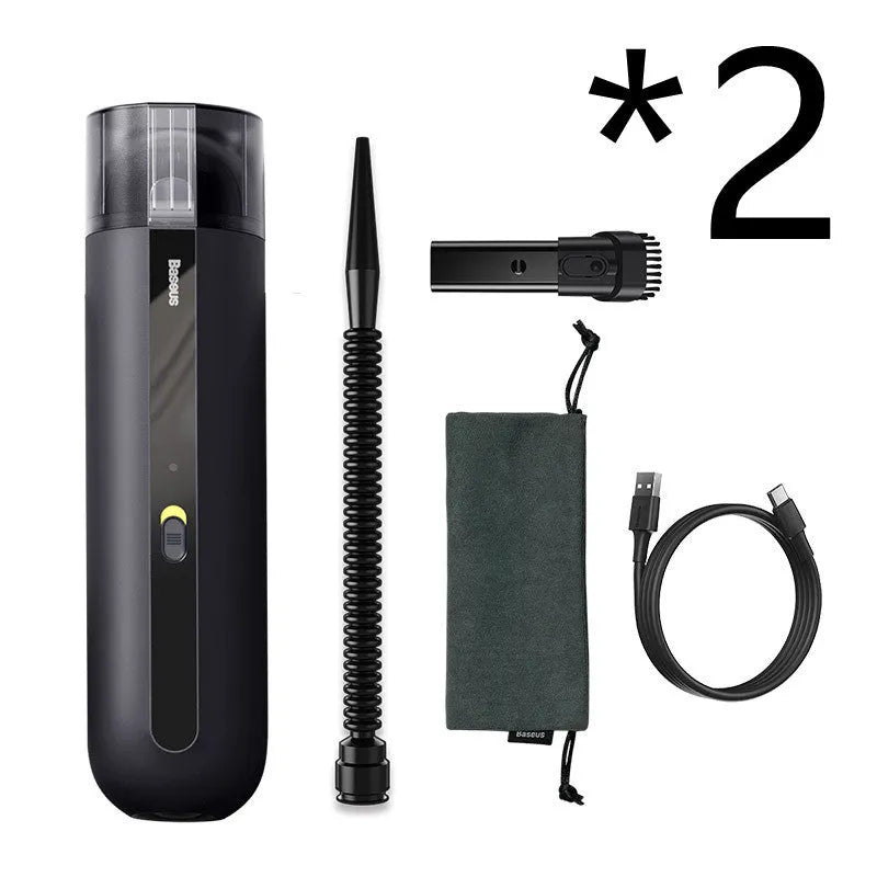 Wireless handheld car vacuum cleaner with blowing hose and HEPA filter.