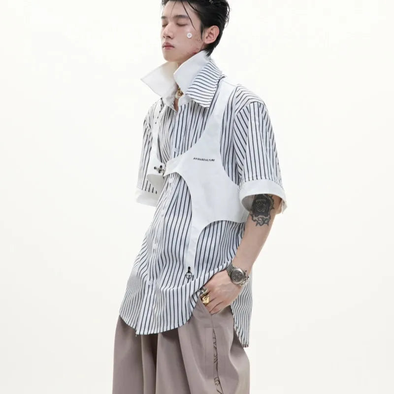 Men's black and white striped cotton shirt with double lapel collar and short sleeves