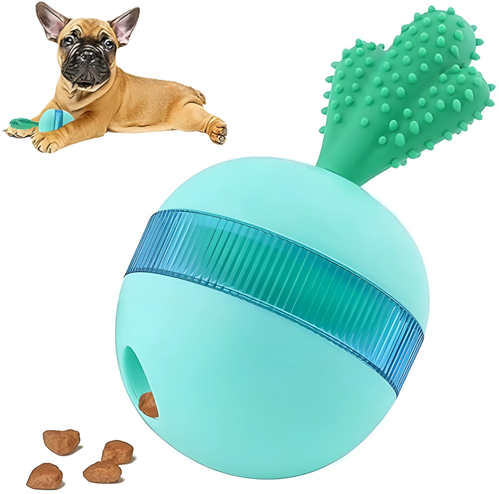 Blue durable rubber treat dispensing tumbler ball toy for medium large dogs