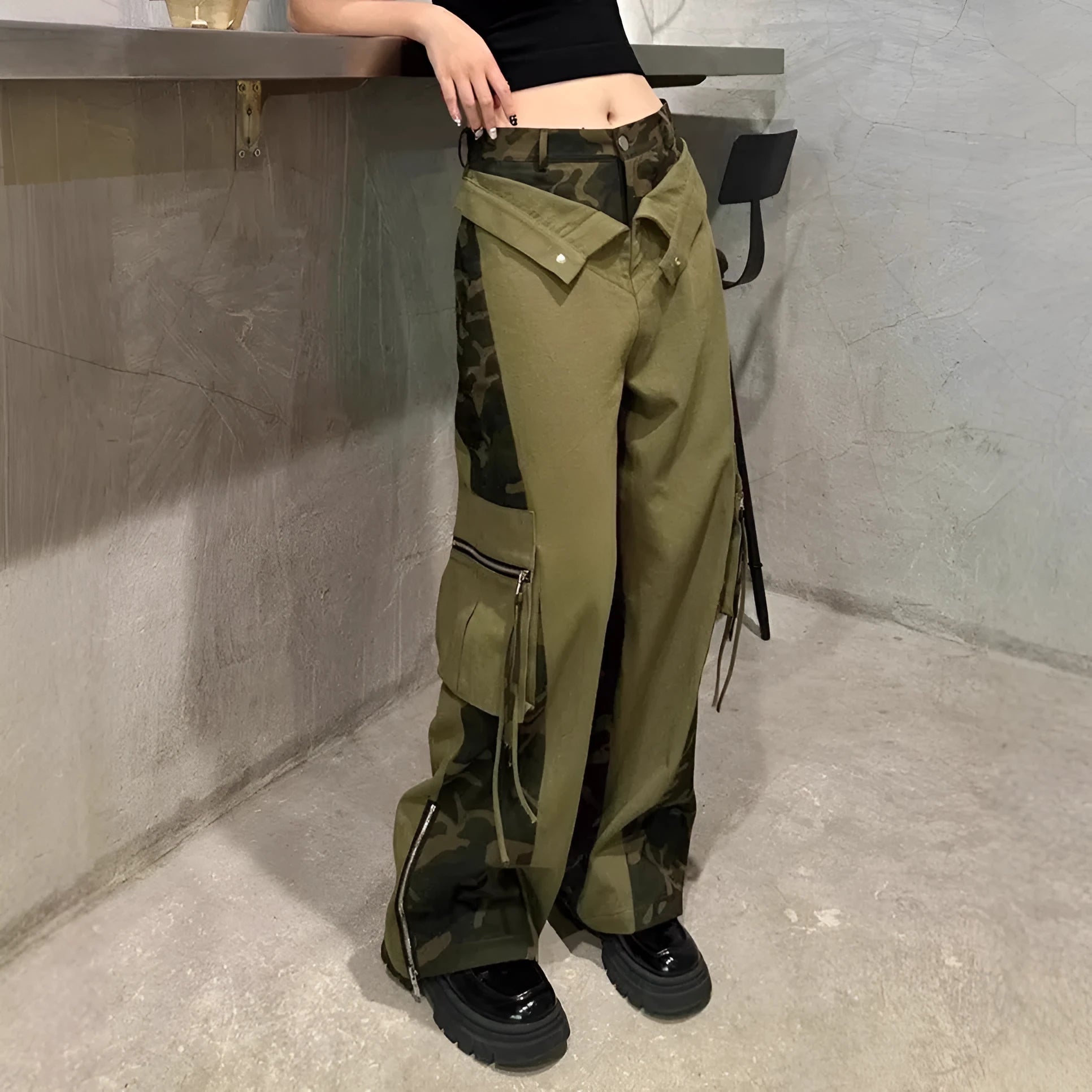 Women's dark khaki high waist jeans with a leopard print pattern and fake two-stitching tooling detail.