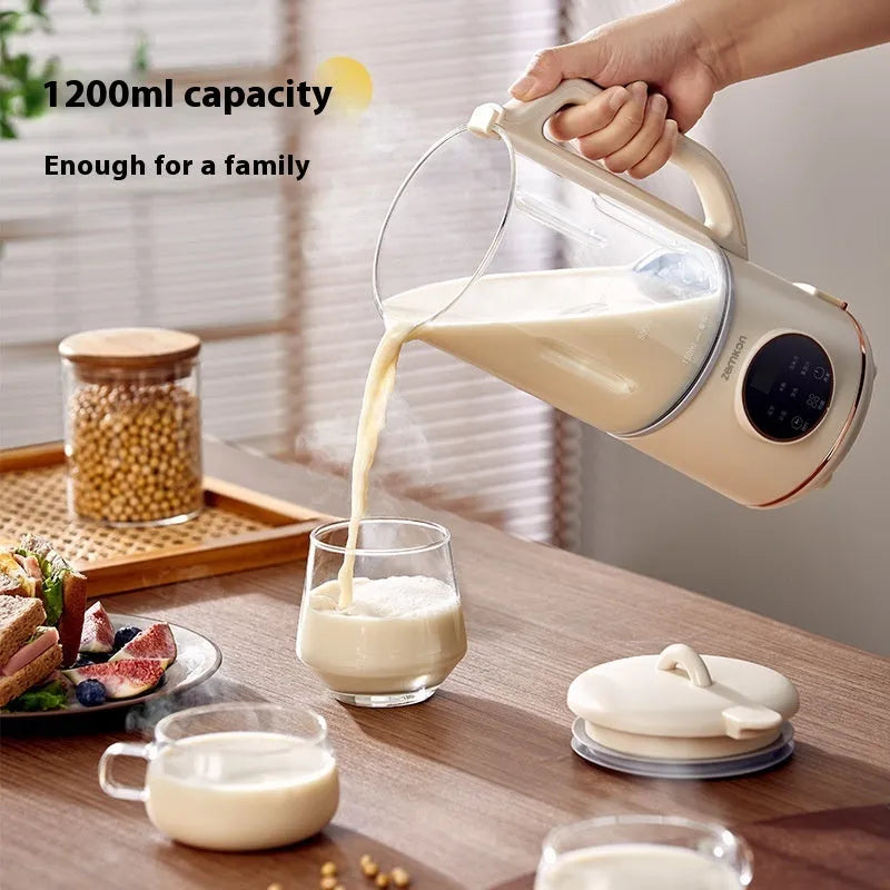 Household soy milk machine with glass body in milky white colour showing touch controls and 1.2L capacity