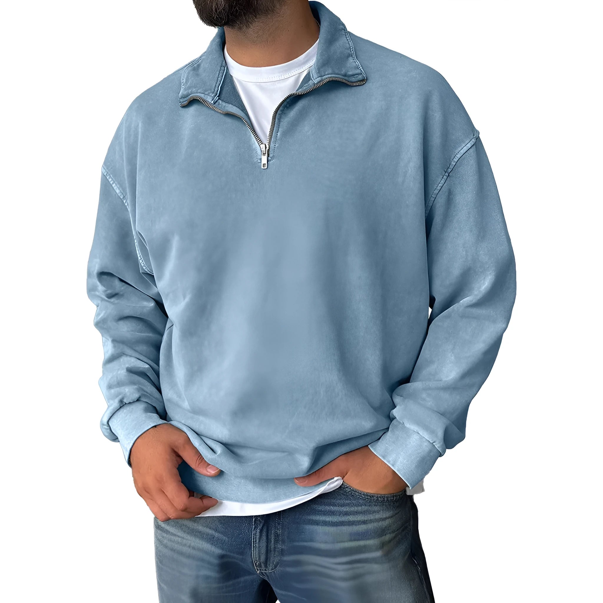 Men's loose drop shoulder stand collar cotton sweatshirt in solid colour, long sleeves, pullover style, stone-washed finish