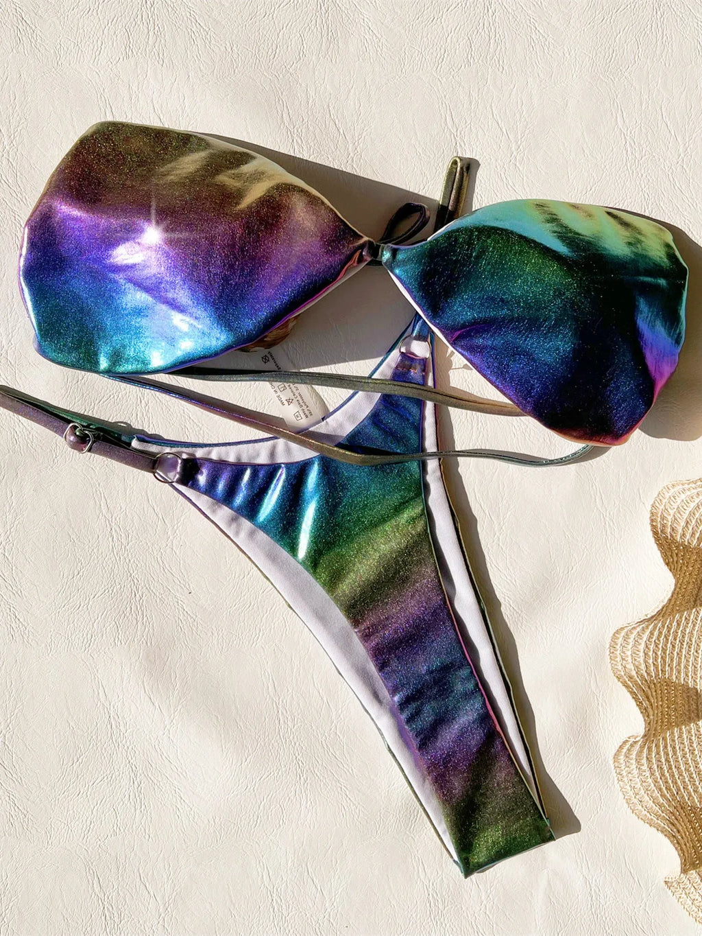 Women's gradient purple polyester bikini swimsuit set on a mannequin
