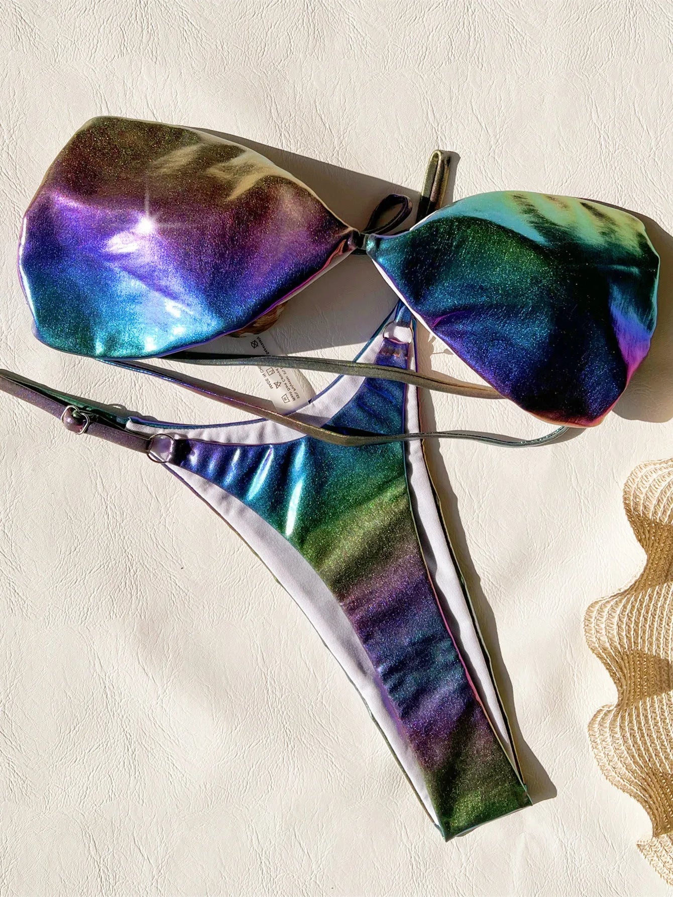 Women's gradient purple polyester bikini swimsuit set on a mannequin