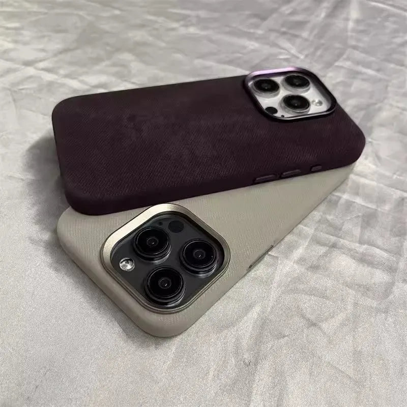Flannel magnetic suction phone case in plaid pattern for iPhone, available in gray colour
