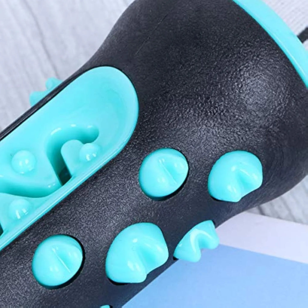Natural rubber dog dental chew toy in blue, green, yellow, or black blue, showing textured cleaning surfaces.