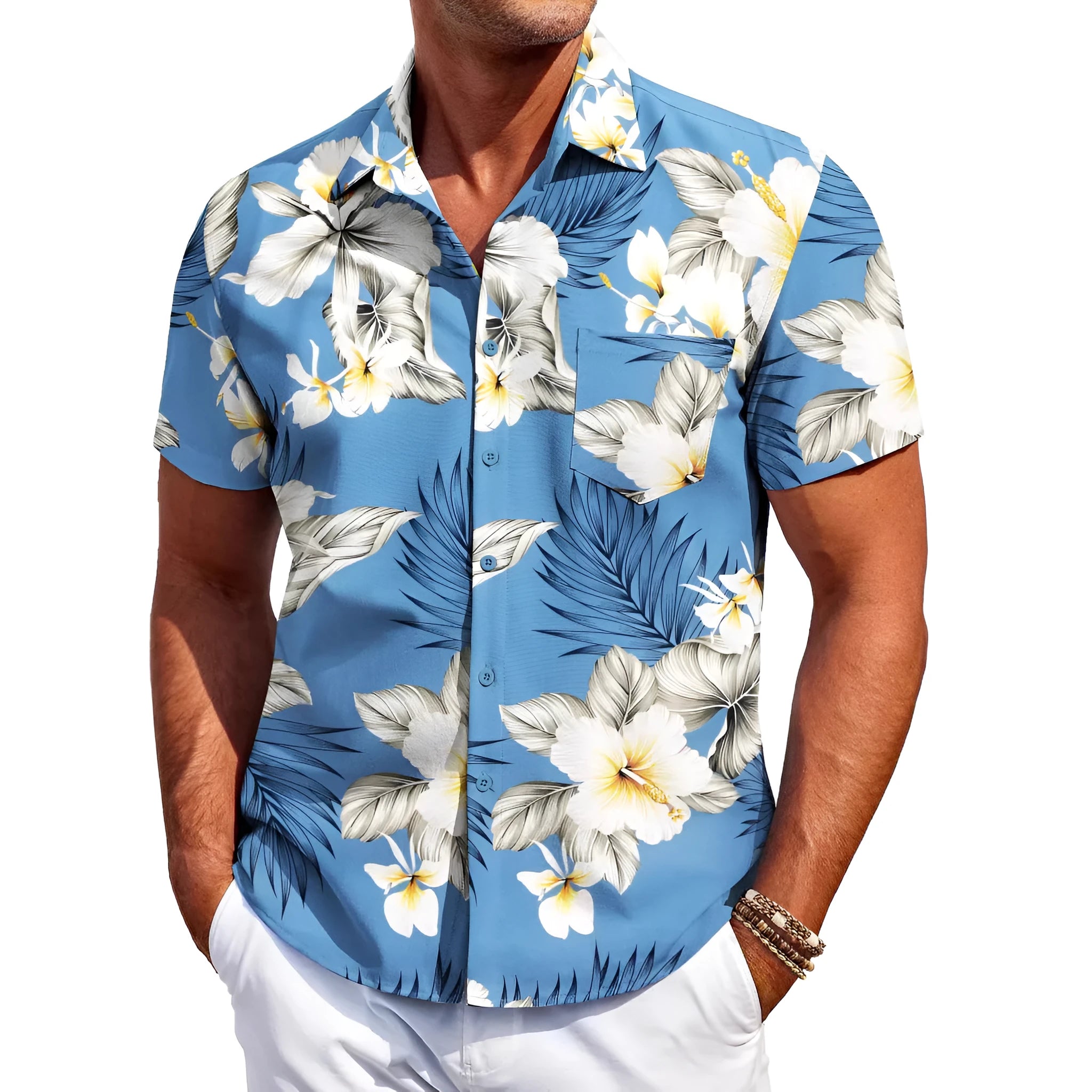 Man wearing a slim-fit short sleeve Hawaiian shirt in a cardigan style, available in various colours.