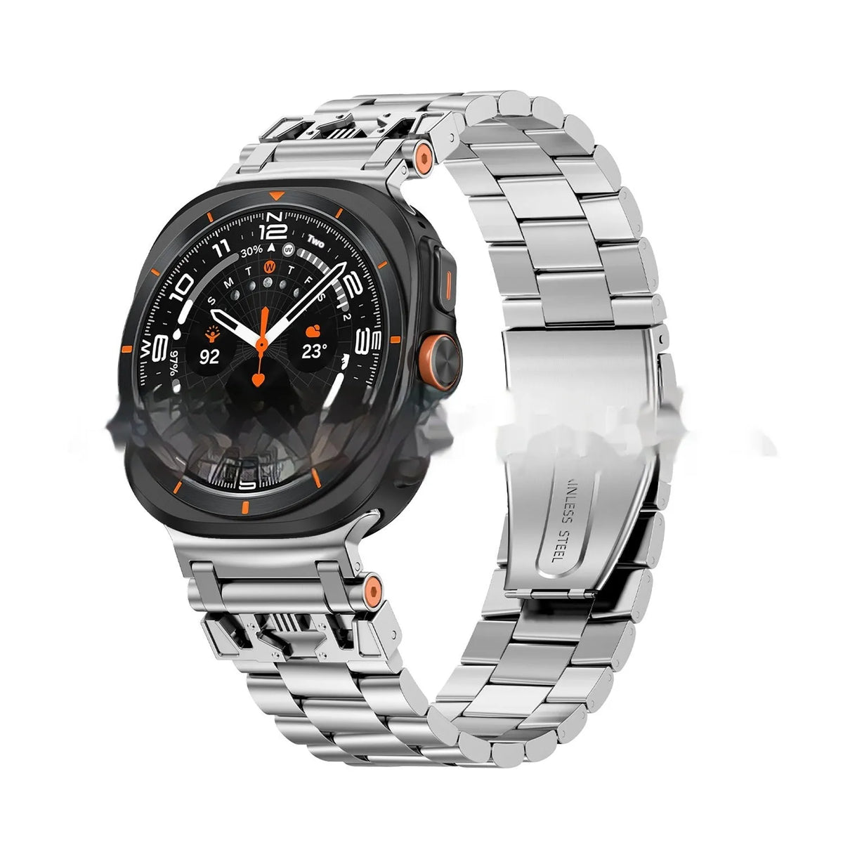 Three steel band armor metal watch strap for Samsung in Black, Silver, and Starlight colours