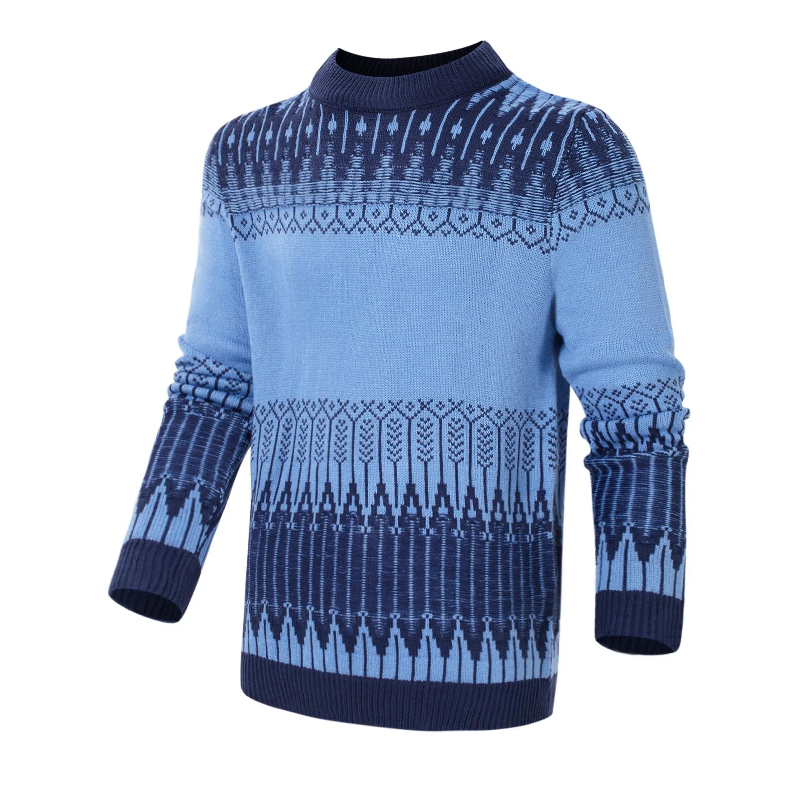 Men's grey knitted pullover sweater with ribbed cuffs and hem on a hanger