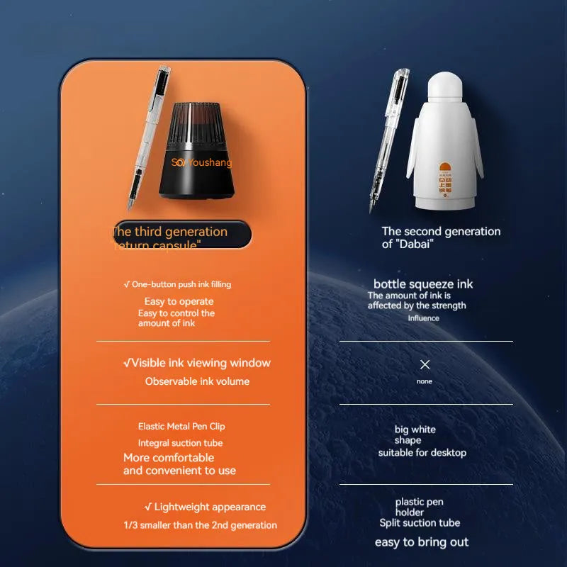 Student automatic suction pen set with plastic shell, choice of 0.38mm or 0.5mm tips, and complete packaging including handbag