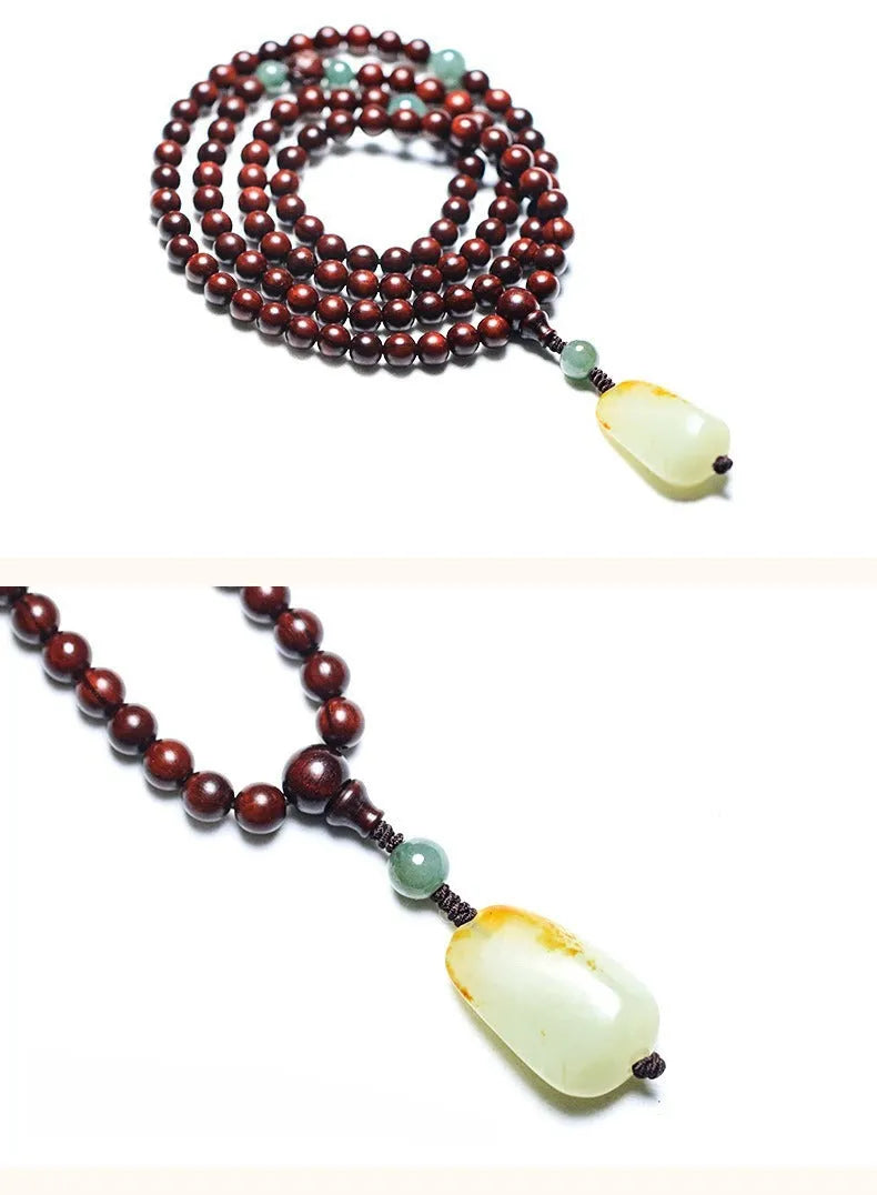 Rosewood bead bracelet with a carved wooden pendant, shown in Indian and Zambia rosewood colour options.