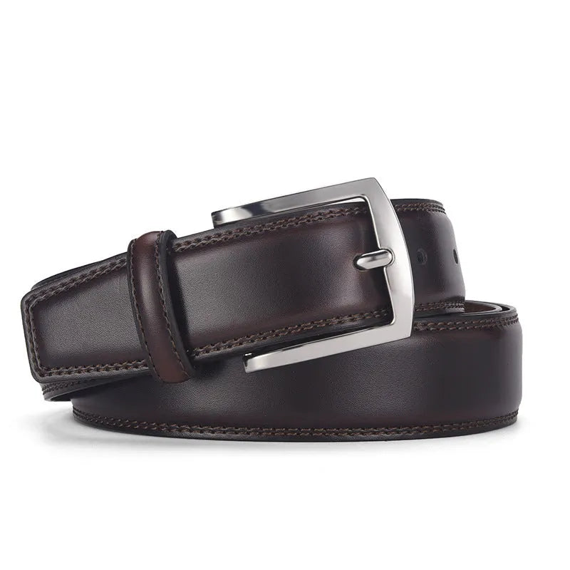 Men's leather belt with alloy pin buckle in genuine cowhide showing classic black colour option