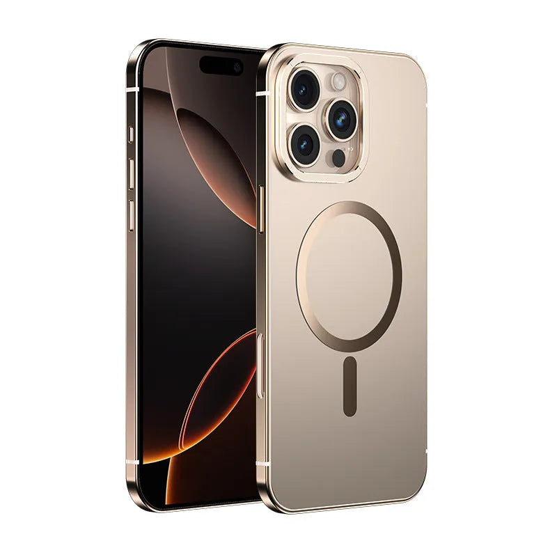 Magnetic suction stainless steel acrylic half pack phone case for iPhone in black with laser finish