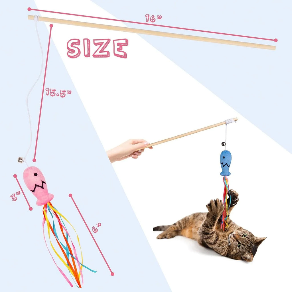 Cat wand toy with wooden handle, colourful ribbons, catnip fish, and bell for interactive play