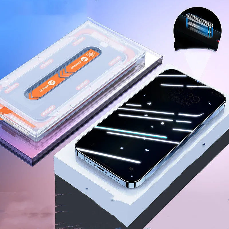Anti-peep tempered glass screen protector for iPhone with dust-free applicator and electroplated HD coating