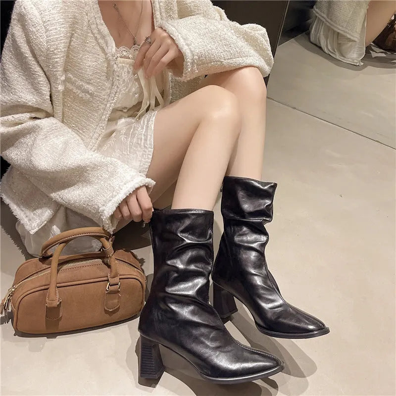 Women's wide fit high heel ankle boots with square toe, chunky heel, and back zipper in black, brown, or coffee.