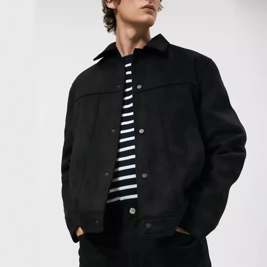 Black men's hooded jacket with suede collar and side pockets