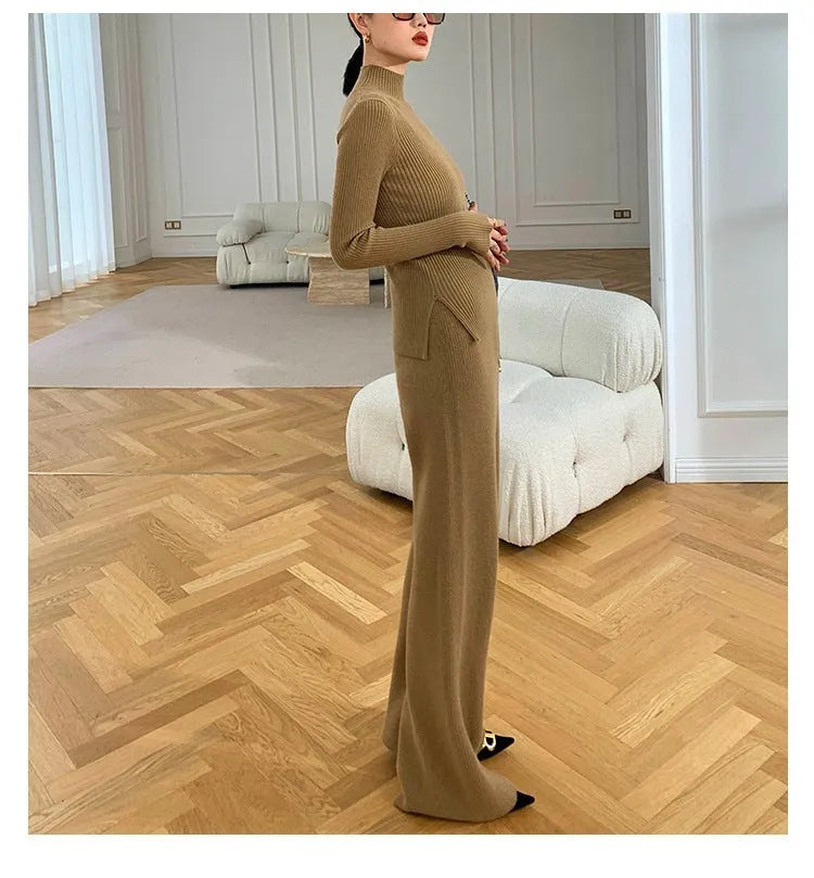 Women's apricot knitted three-piece set showing sweater, cardigan, and wide-leg pants with leather stitching detail.